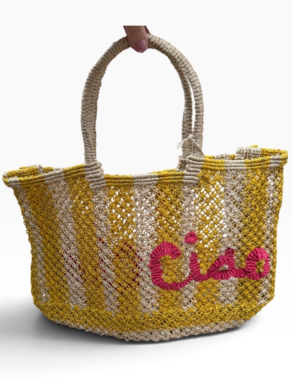 The Jacksons London Ciao Jute Tote Bag Yellow Pink NWT